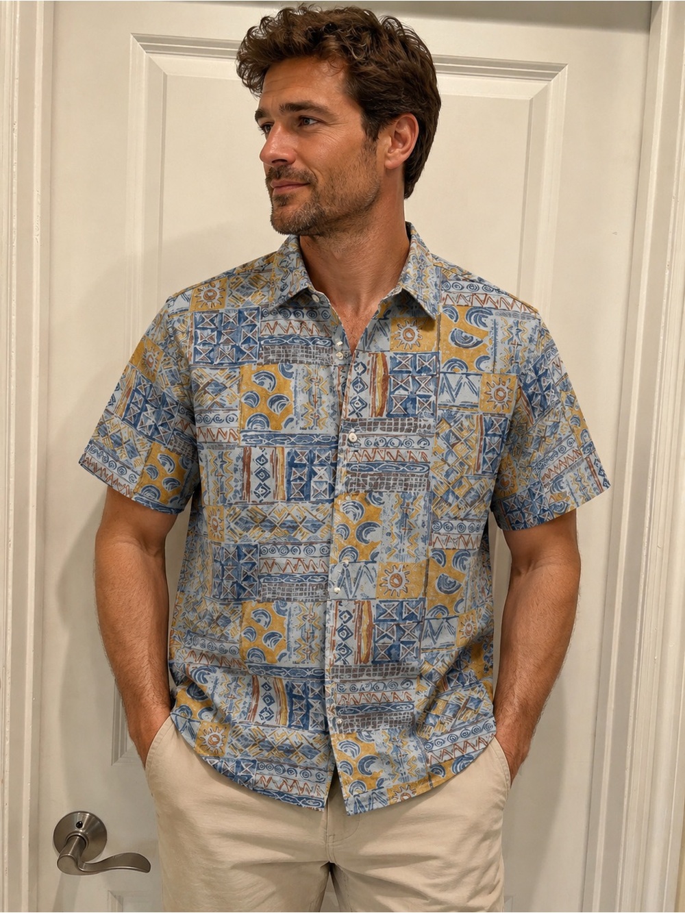 Kahala Vintage Tribal Short Sleeve Print Shirt Retro Top Hawaiian Button Up